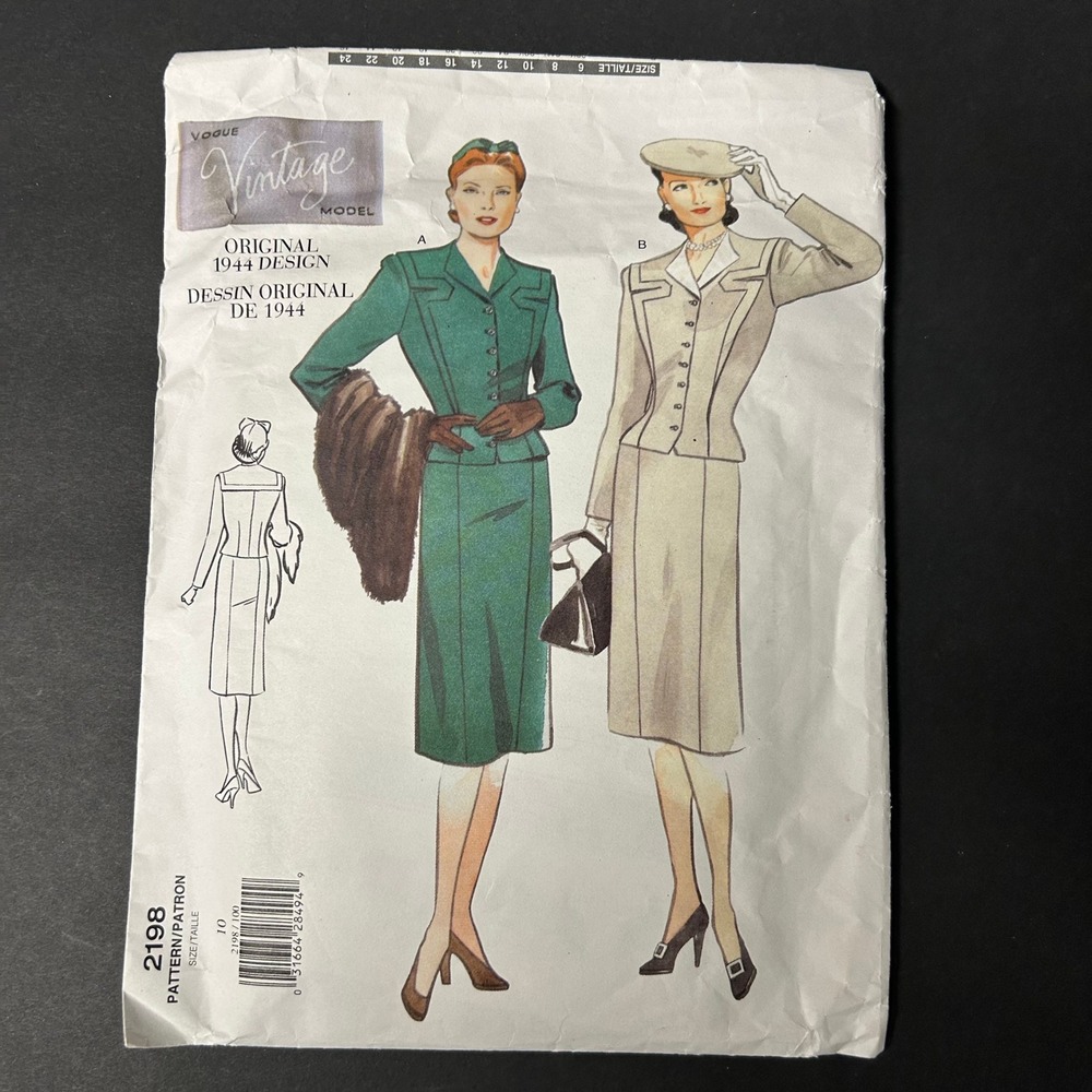 Vintage 1944 Vogue 2198 Sewing Pattern Misses Model‎ Suit Size 10